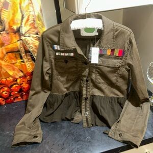 New NWT XS Anthropologie Peplum Military Jacket Ruffle Khaki Army Green BEADS